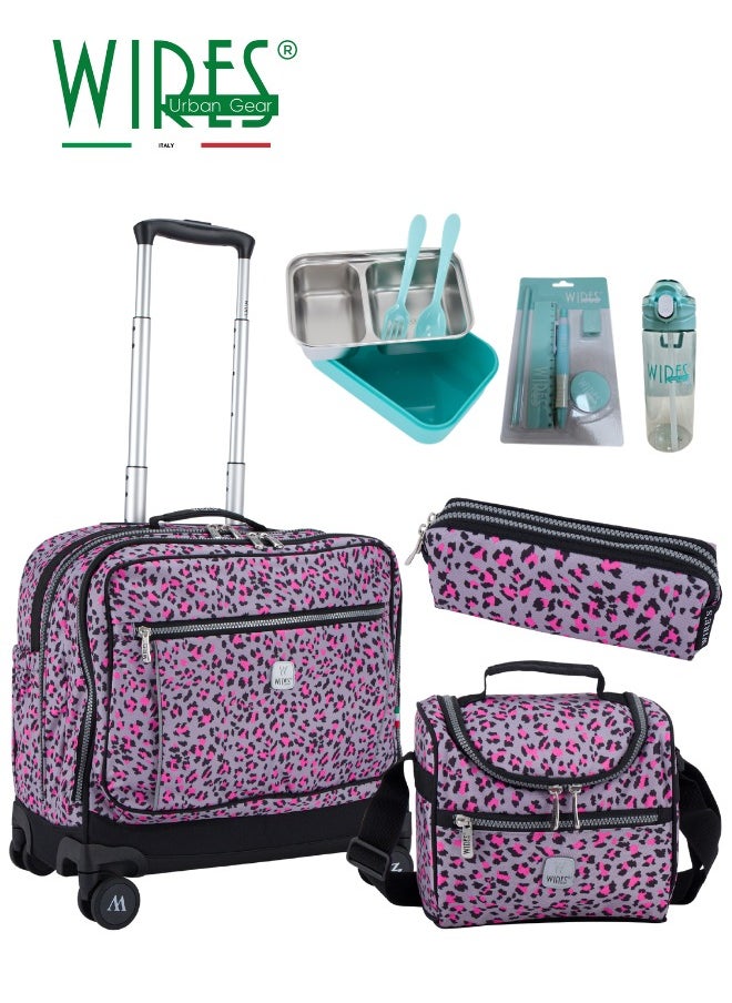 Wires 3 Piece Kids School Trolley Bag laptop compartment 8 Wheels With Lunch bag & Pencil Case  - Image 1