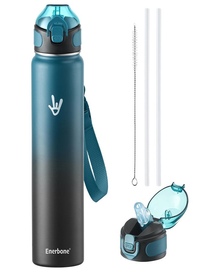 Enerbone زجاجة مياه معزولة من إنيربوين، سعة 32 أونصة، مصنوعة من الفولاذ المقاوم للصدأ، مزودة بحزام حمل، ترمس معزول بجدار مزدوج بتقنية التفريغ، زجاجة رياضية مانعة للتسرب مع ماصة، تحافظ على المشروبات ساخنة أو باردة لساعات. - Image 1