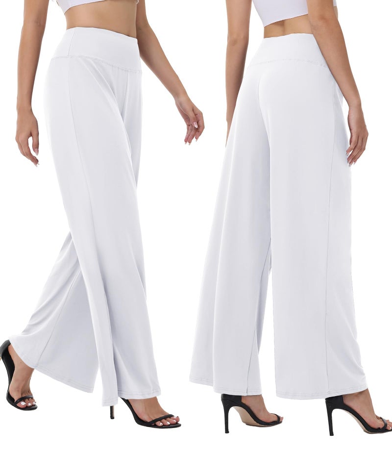 ZOOSIXX Wide Leg Palazzo Pants for Women - High Waist Casual Beach Lounge Loose Dress Stretchy Trousers White - Image 2