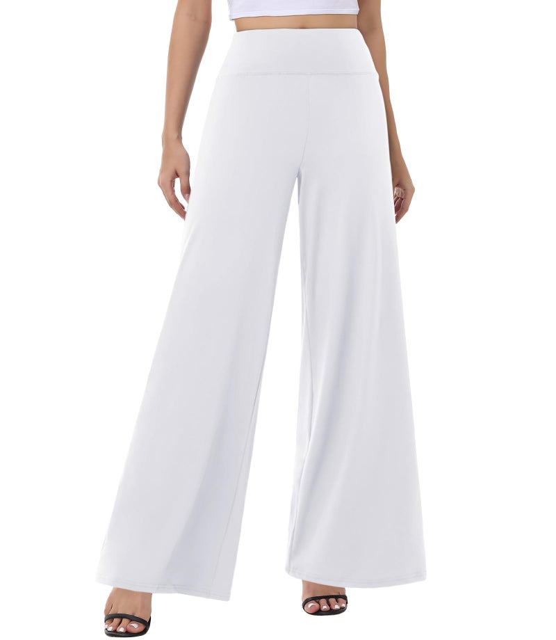 ZOOSIXX Wide Leg Palazzo Pants for Women - High Waist Casual Beach Lounge Loose Dress Stretchy Trousers White - Image 1