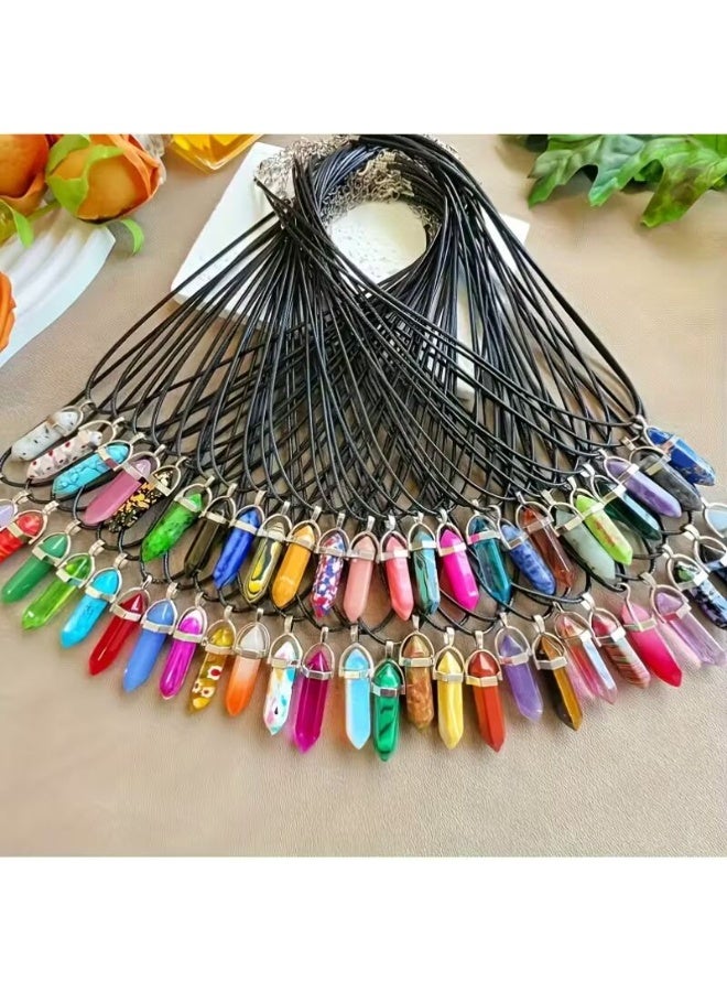 طقم عقد من قطعتين من الأحجار الطبيعية سداسية الشكل مدببة - قلادة كوارتز بوهيمية على شكل رصاصة - حبل جلدي أسود قابل للتعديل - مجوهرات كريستالية علاجية للرجال والنساء - Image 1