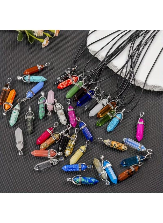 طقم عقد من قطعتين من الأحجار الطبيعية سداسية الشكل مدببة - قلادة كوارتز بوهيمية على شكل رصاصة - حبل جلدي أسود قابل للتعديل - مجوهرات كريستالية علاجية للرجال والنساء - Image 5