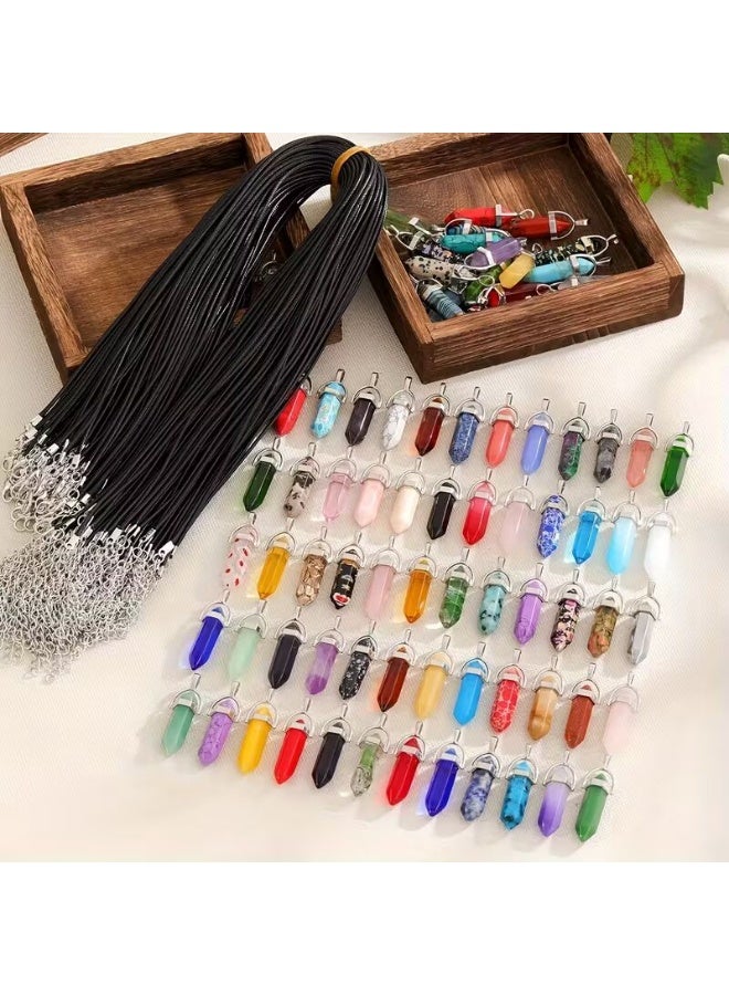 طقم عقد من قطعتين من الأحجار الطبيعية سداسية الشكل مدببة - قلادة كوارتز بوهيمية على شكل رصاصة - حبل جلدي أسود قابل للتعديل - مجوهرات كريستالية علاجية للرجال والنساء - Image 3