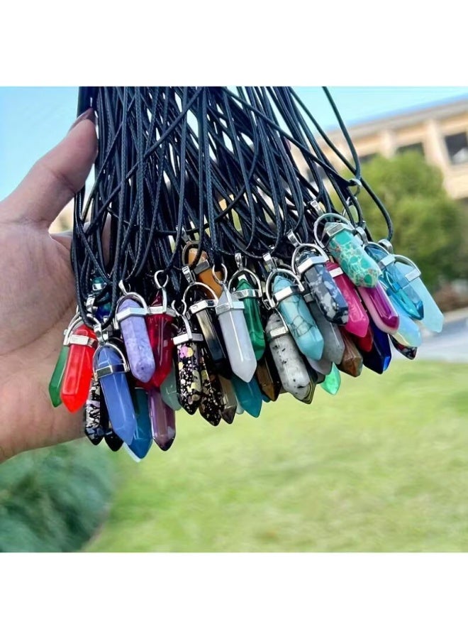 طقم عقد من قطعتين من الأحجار الطبيعية سداسية الشكل مدببة - قلادة كوارتز بوهيمية على شكل رصاصة - حبل جلدي أسود قابل للتعديل - مجوهرات كريستالية علاجية للرجال والنساء - Image 4