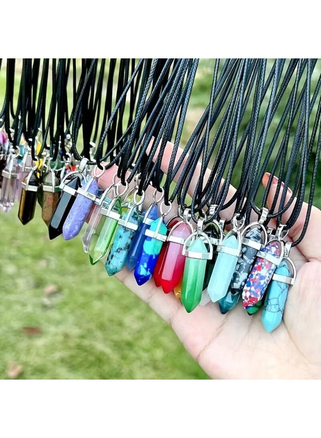 طقم عقد من قطعتين من الأحجار الطبيعية سداسية الشكل مدببة - قلادة كوارتز بوهيمية على شكل رصاصة - حبل جلدي أسود قابل للتعديل - مجوهرات كريستالية علاجية للرجال والنساء - Image 2