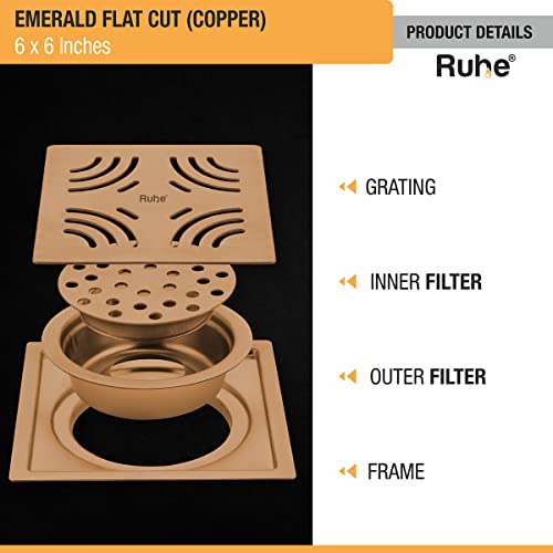 Ruhe® Pearl Flat Cut Floor Drain | Yellow Gold PVD| 304 Stainless Steel Drain Channel | 6 x 6 Inche Waste Water Floor Drain | Drain Channel with Stainless Steel Trap - Image 3