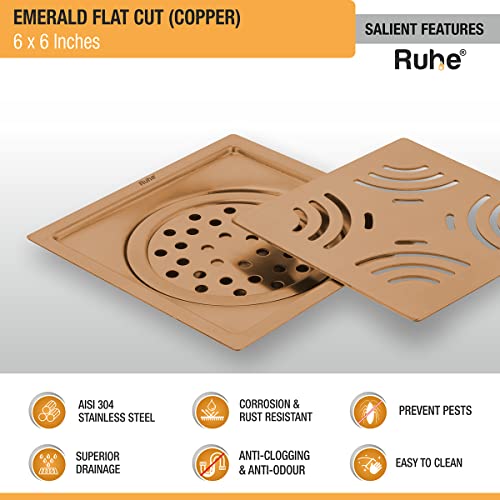 Ruhe® Pearl Flat Cut Floor Drain | Yellow Gold PVD| 304 Stainless Steel Drain Channel | 6 x 6 Inche Waste Water Floor Drain | Drain Channel with Stainless Steel Trap - Image 4