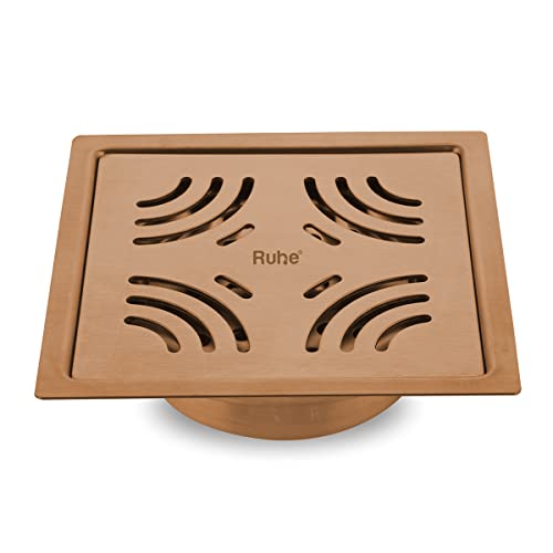 Ruhe® Pearl Flat Cut Floor Drain | Yellow Gold PVD| 304 Stainless Steel Drain Channel | 6 x 6 Inche Waste Water Floor Drain | Drain Channel with Stainless Steel Trap - Image 1
