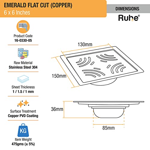 Ruhe® Pearl Flat Cut Floor Drain | Yellow Gold PVD| 304 Stainless Steel Drain Channel | 6 x 6 Inche Waste Water Floor Drain | Drain Channel with Stainless Steel Trap - Image 2