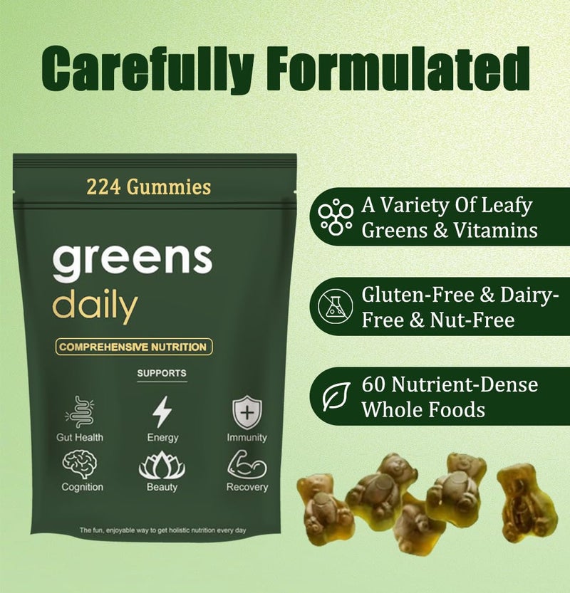 oviaapo Greens Gummies - Organic Chlorella and Spirulina, Digestive & Gut Health, Formulated with 60+ Ingredients, Multi-Vitamins & Minerals, Daily Gummies, 224 Gummies Bear - Image 3