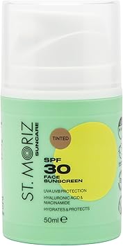 St. Moriz St Moriz Suncare SPF 30 Tinted Face Sunscreen UVA UVB Protection SPF 30 Daily Use Sunscreen Face Lotion with Tinted Coverage Hyaluronic Acid Niacinamide Dermatologically Tested Vegan 50ml - Image 1