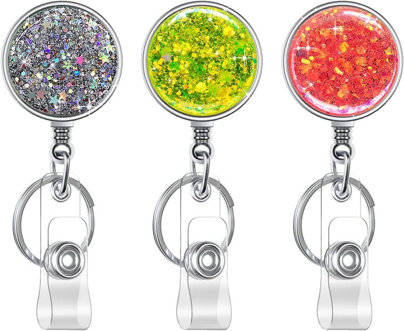 Boutilon Retractable Badge Holder, Retractable Badge Reels,Lightweight Plastic Badge Reel Card Holder with Key Ring Backing Belt Clip for Nurse,Volunteer,Teacher,Student(3 Pack Silver Pink Green) - Image 1