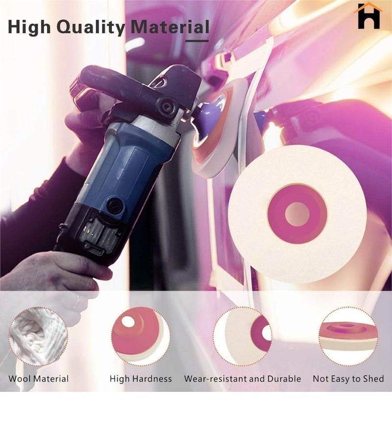 Homdum قرص عجلة تلميع من صوف ماف لقرص تلميع الفولاذ المقاوم للصدأ والمعادن والرخام والزجاج والسيراميك، 4 بوصة، ملحق أداة دوارة كاشطة - أبيض، 100 × 16 مم × 16 مم قطر - Image 3