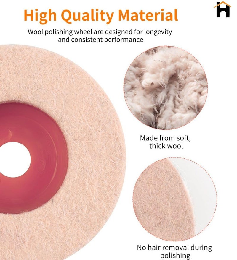Homdum قرص عجلة تلميع من صوف ماف لقرص تلميع الفولاذ المقاوم للصدأ والمعادن والرخام والزجاج والسيراميك، 4 بوصة، ملحق أداة دوارة كاشطة - أبيض، 100 × 16 مم × 16 مم قطر - Image 2