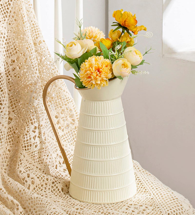 Venalys Elegant Cream/White Metal Pitcher Vase Farmhouse Galvanized Flower Vase Rustic Decorative Milk Jug For Home Decor 10.8''H - Image 2
