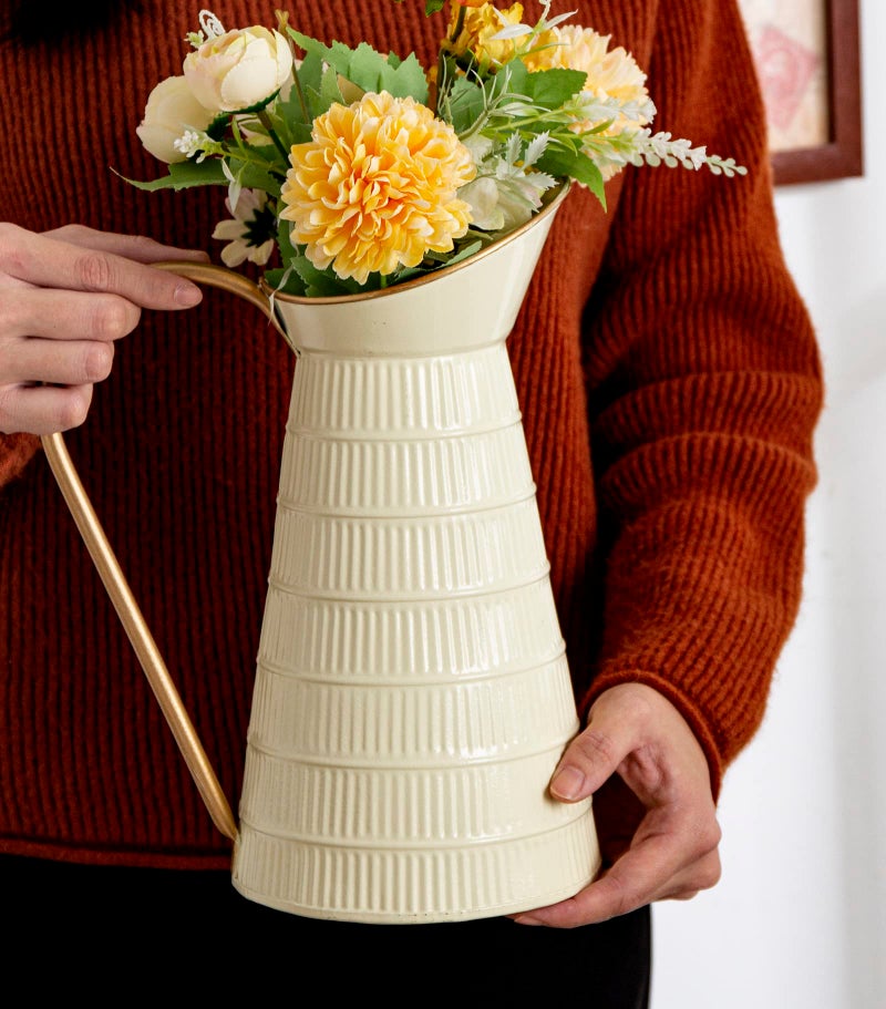 Venalys Elegant Cream/White Metal Pitcher Vase Farmhouse Galvanized Flower Vase Rustic Decorative Milk Jug For Home Decor 10.8''H - Image 3