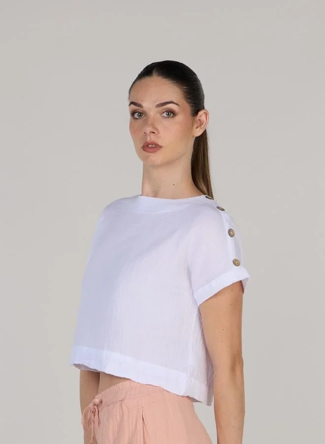 جاست نيتشر توب جيني بكتف واسع مع نصف ياقة بأزرار