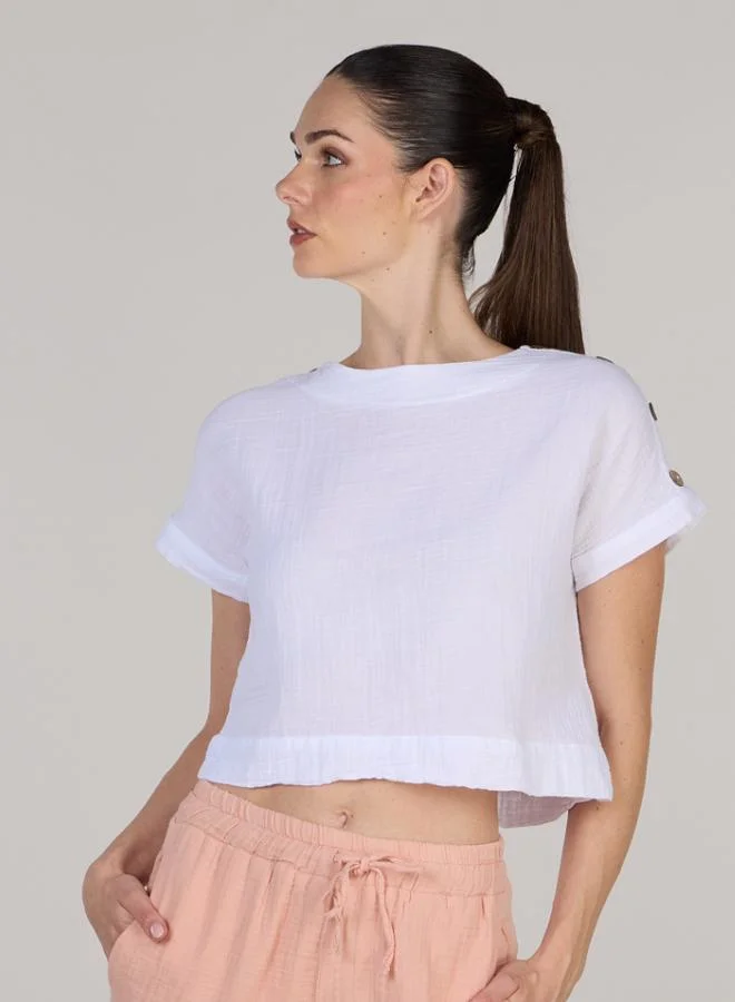 جاست نيتشر توب جيني بكتف واسع مع نصف ياقة بأزرار