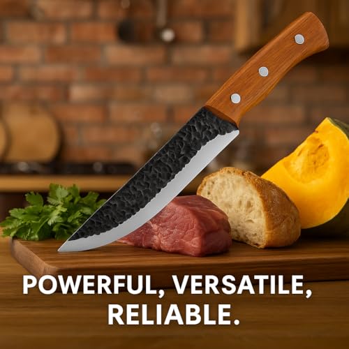 Machado Forged Knife Set – 4 Piece Kitchen Knife Collection with Hammered Stainless Steel Blades & Wooden Handles | Chef, Utility, Boning & Cleaver Knives for Home & Professional Cooking - Image 3