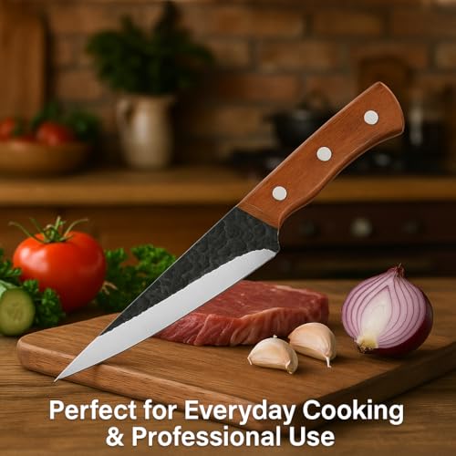 Machado Forged Knife Set – 4 Piece Kitchen Knife Collection with Hammered Stainless Steel Blades & Wooden Handles | Chef, Utility, Boning & Cleaver Knives for Home & Professional Cooking - Image 4