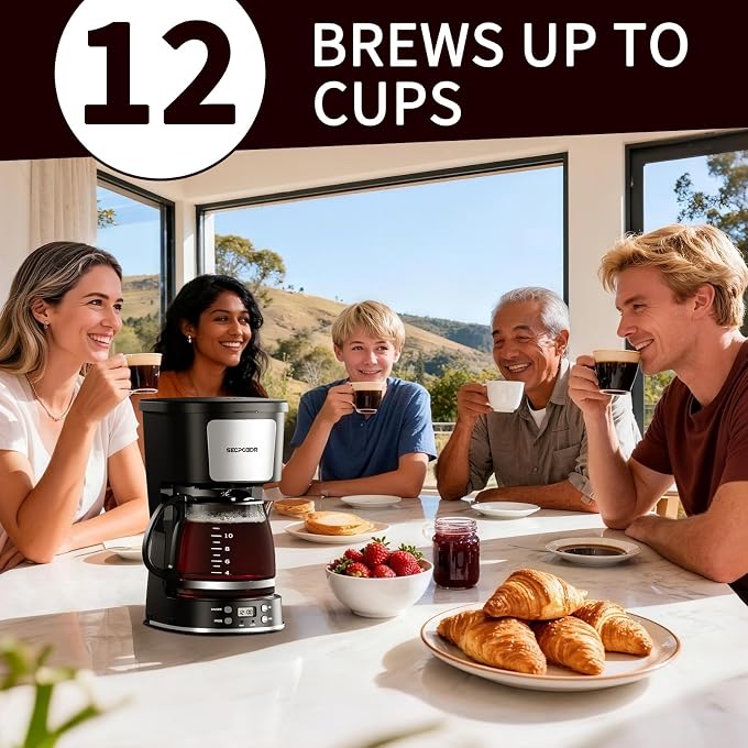 12 Cup Programmable Drip Coffee Maker, Auto Brew Coffee Machine | Keep Warm Plate,Removable Filter Basket,Auto Shutoff,LCD Display,Easy-to-Clean for Home Office,Silver and Black - Image 2