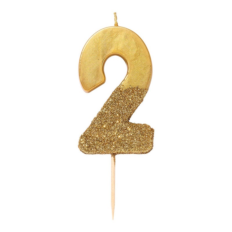 Talking Tables "Talking Tables Gold Glitter Number 2 Candle-Premium Quality Cake Topper Decoration Pretty, Sparkly For Kids, Adults, 21st Birthday Party, Anniversary, Milestone, Height 8cm, 3""" (2 Number Candle) - Image 1