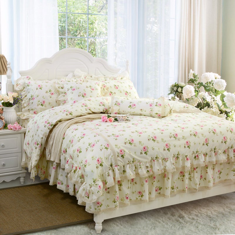 FADFAY Rosette Floral Print Duvet Cover Set Princess Lace Ruffle Bedding Set for Girls 3 Pieces King Size