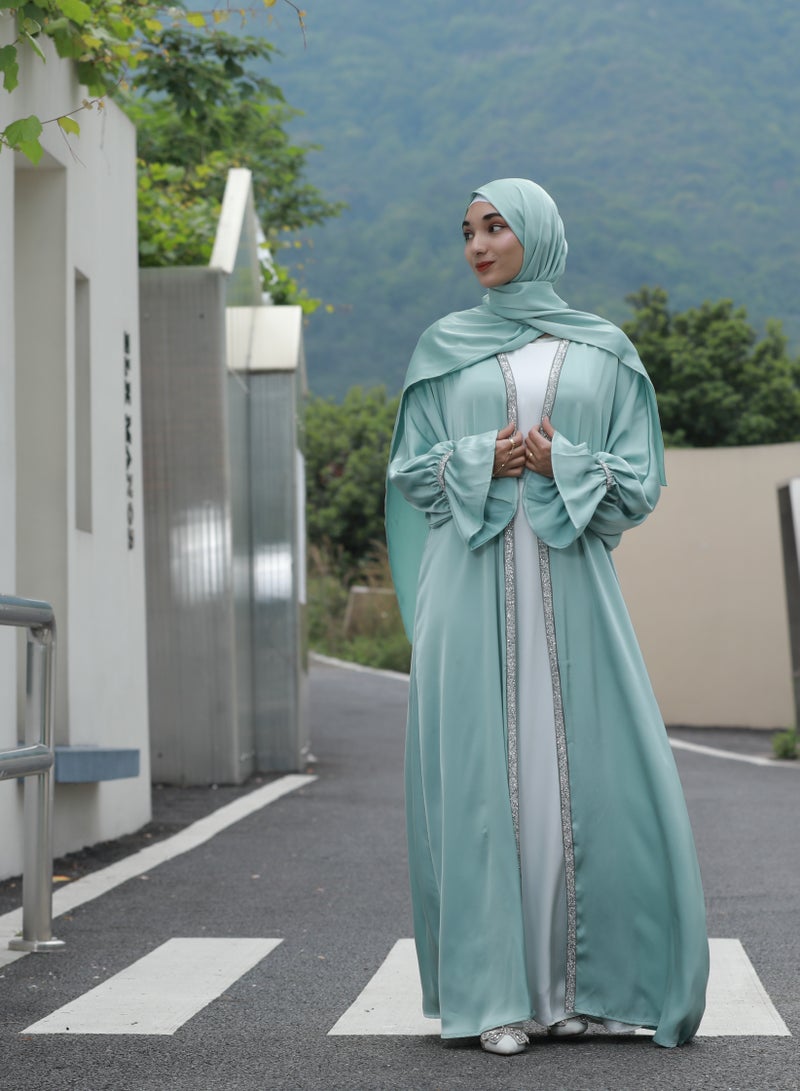 Women's Muslim dress, Islamic modest dress with lace sleeves and hijab, poet sleeve satin dress, four-piece set with belt and turban, mint green  - Image 2