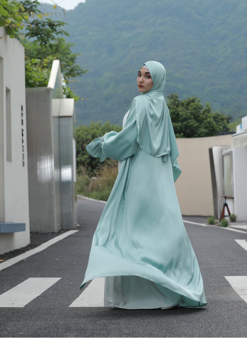 Women's Muslim dress, Islamic modest dress with lace sleeves and hijab, poet sleeve satin dress, four-piece set with belt and turban, mint green  - Image 1