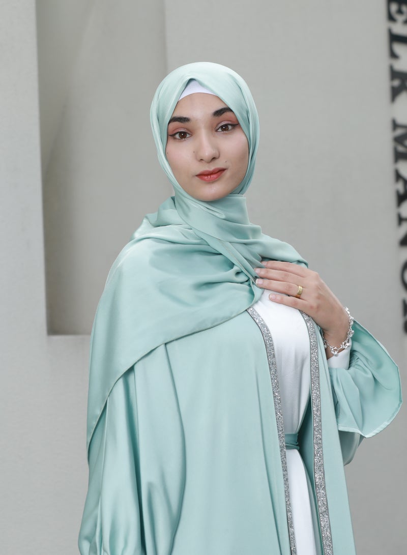 Women's Muslim dress, Islamic modest dress with lace sleeves and hijab, poet sleeve satin dress, four-piece set with belt and turban, mint green  - Image 4