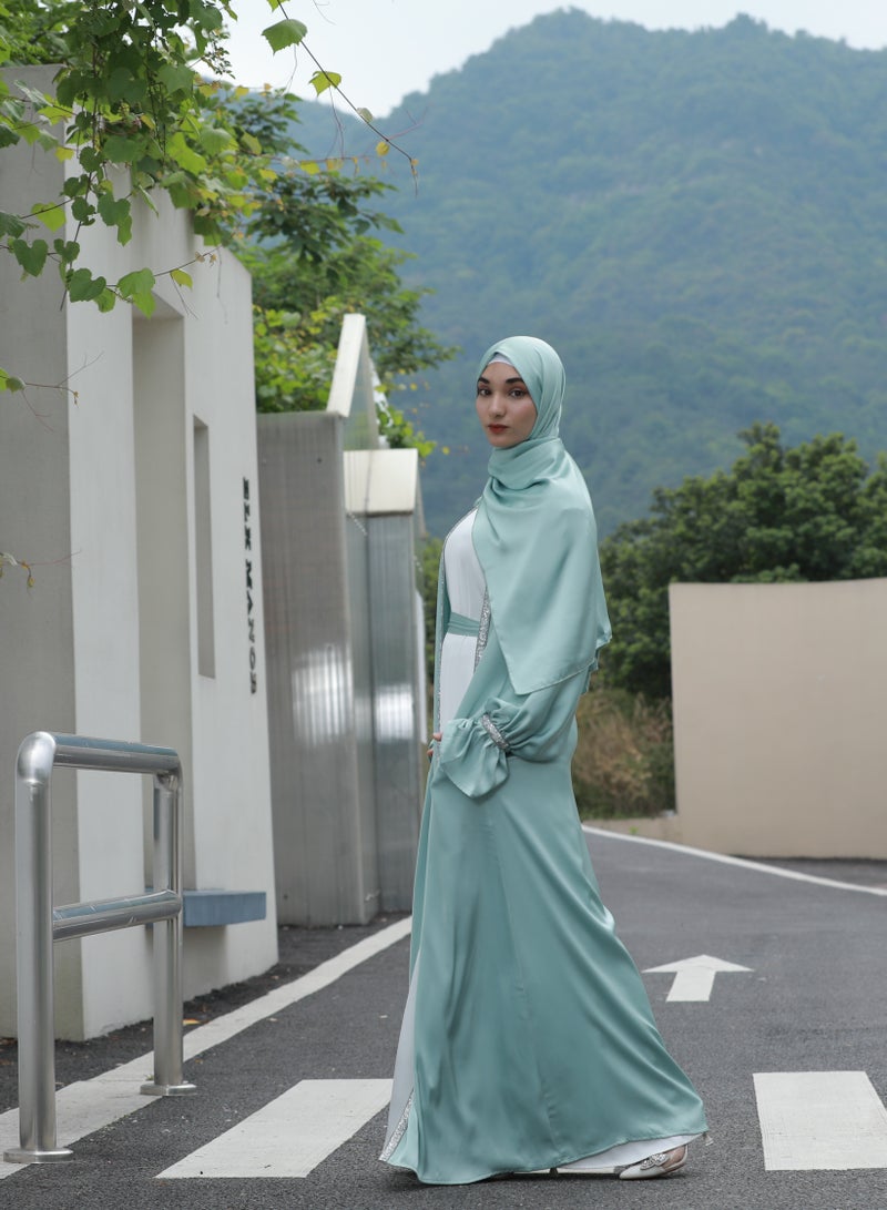 Women's Muslim dress, Islamic modest dress with lace sleeves and hijab, poet sleeve satin dress, four-piece set with belt and turban, mint green  - Image 3