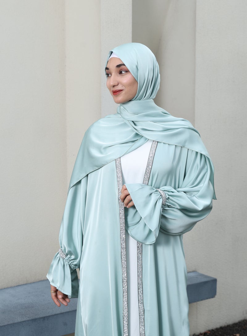 Women's Muslim dress, Islamic modest dress with lace sleeves and hijab, poet sleeve satin dress, four-piece set with belt and turban, mint green  - Image 5
