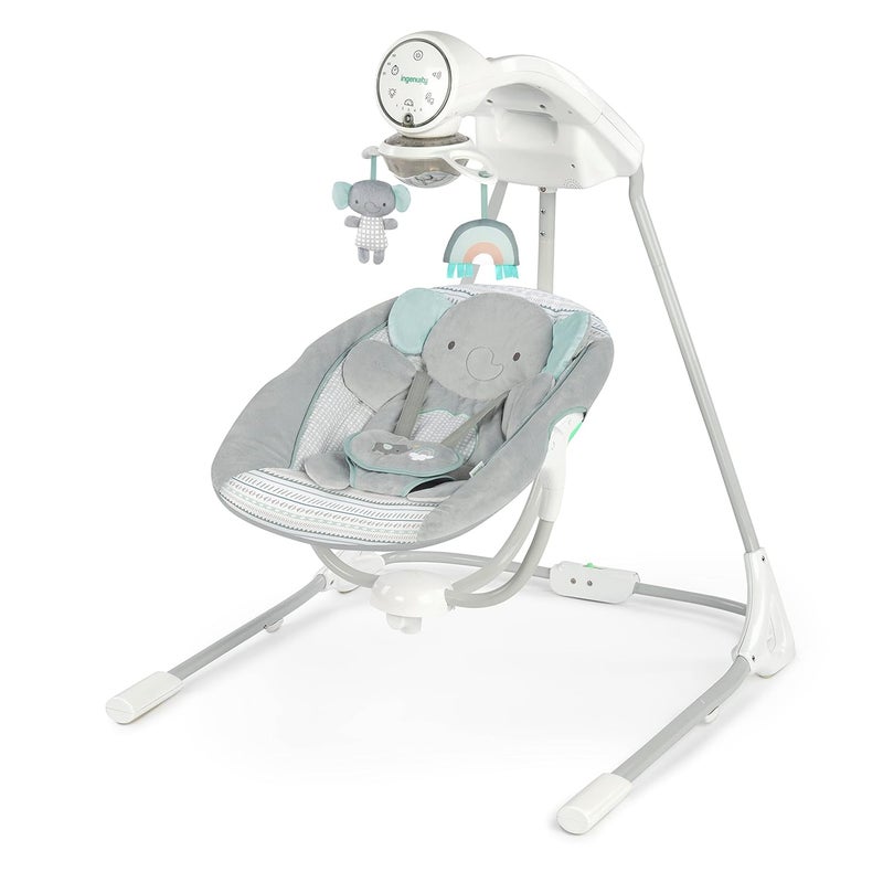 Ingenuity InLighten 5Speed Baby Swing  Swivel Infant Seat 5 Point Safety Harness Nature Sounds Lights  Van Elephant - Image 1