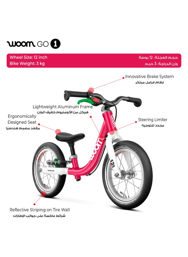 Woom GO 1 Balance Bike for Toddlers|12-inch Wheels|Lightweight Aluminum Frame|Rear Hand Brake|Ages 1.5-3.5|Hot Pink - Image 2