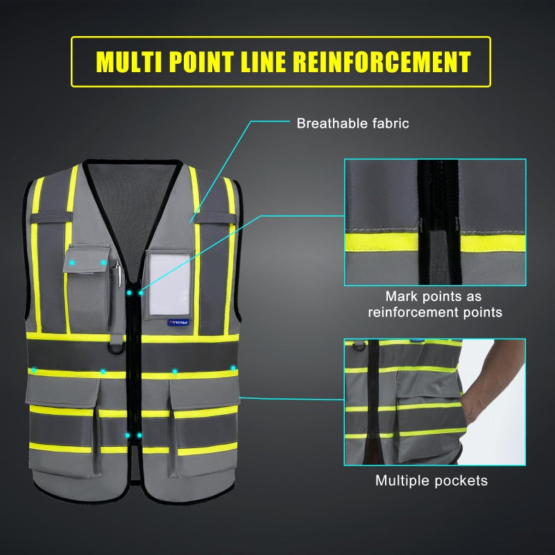 AYKRM 11 colors available grey hi viz vest High Visibility Reflective Safety Vest for Women Men High Visibility Security with Pockets Zipper Front Meets ANSI/ISEA Standards - Image 5