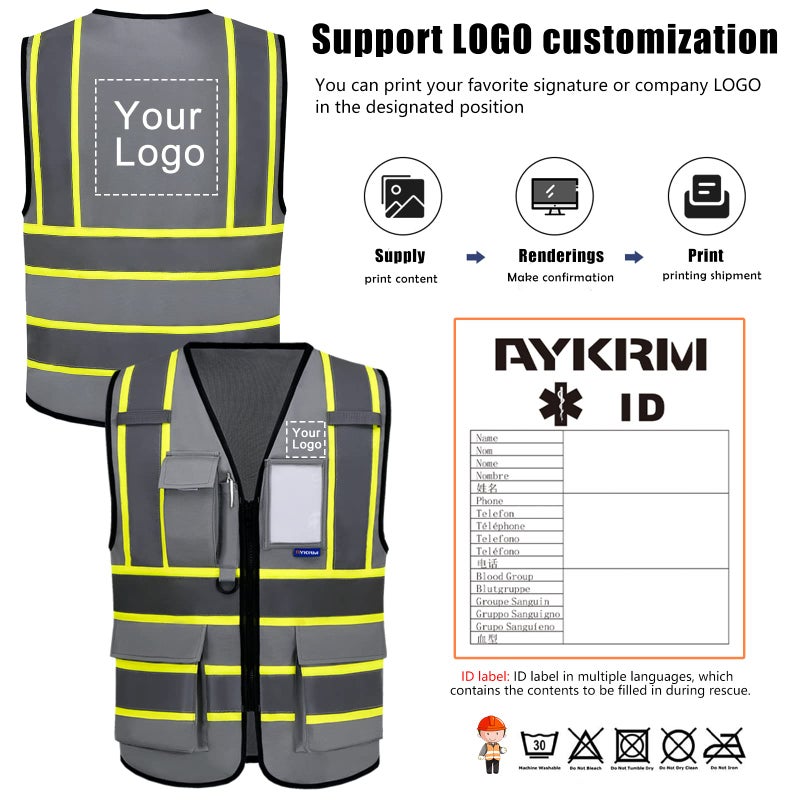 AYKRM 11 colors available grey hi viz vest High Visibility Reflective Safety Vest for Women Men High Visibility Security with Pockets Zipper Front Meets ANSI/ISEA Standards - Image 2