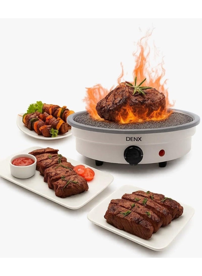 Denx Electric Barbecue Grill, Portable Outdoor Bbq Grill with Non Stick Surface, Removable Grease Tray, Round Compact Travel Grill for Camping, Picnic, Garden, Balcony Cooking, DX2811 - Image 1