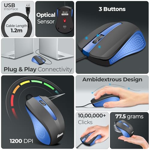 Foxin Glance Blue Wired USB Mouse | 1200 DPI Optical Sensor | Ergonomic & Lightweight (68g) with 3-Button | Plug & Play | 1.2M Cable | Silent Buttons | Wired Mouse for Laptop, PC, Desktop & Office Use - Image 2