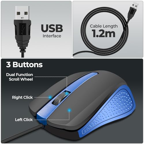 Foxin Glance Blue Wired USB Mouse | 1200 DPI Optical Sensor | Ergonomic & Lightweight (68g) with 3-Button | Plug & Play | 1.2M Cable | Silent Buttons | Wired Mouse for Laptop, PC, Desktop & Office Use - Image 5