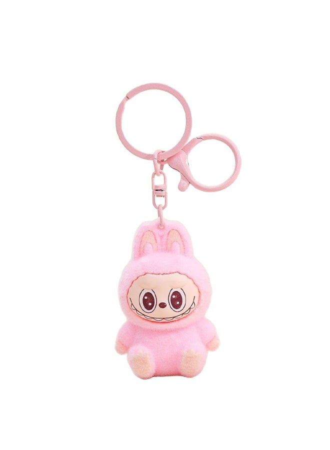 Trendy Labubu Flocked Plush Keychain, Lovely Cartoon Bag Charm For Girls, Inspired By Popular Designer Toys, Perfect For Backpacks And Creative Gifts (Pink) - Image 1