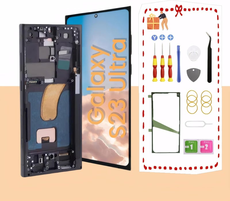 LNONLS Store شاشة OLED لجهاز سامسونج جالكسي S23 ألترا 5G بديل شاشة LCD لجهاز سامسونج S23 ألترا مجموعة شاشة عرض تعمل باللمس مع إطار أدوات S918U S918A النسخة الأمريكية (أسود) - Image 1
