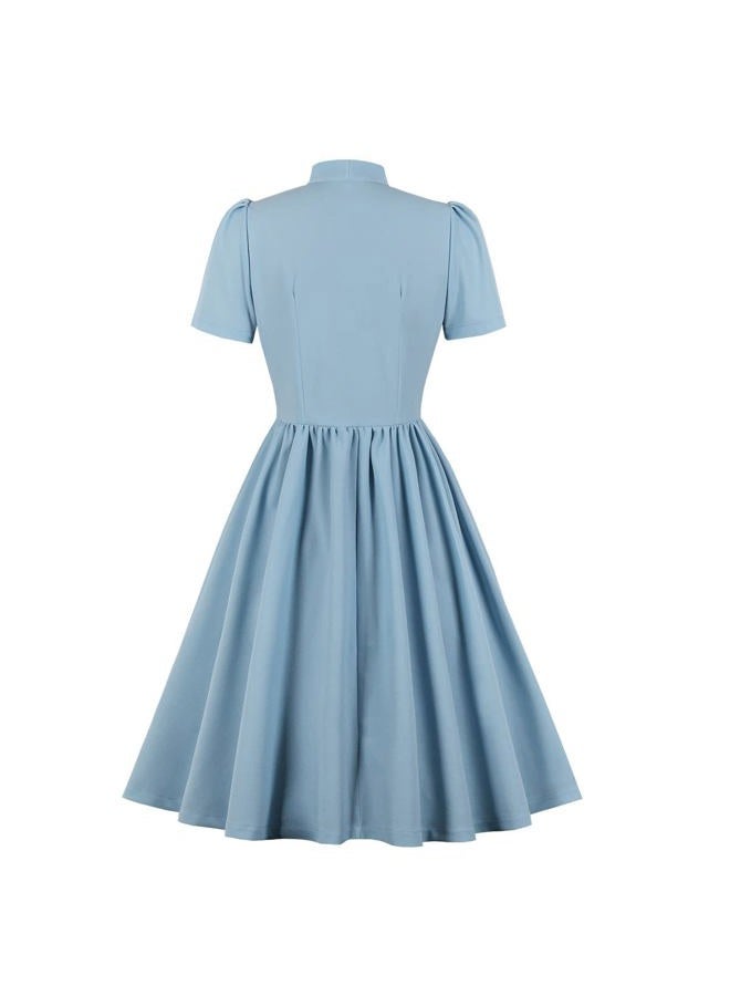 IKADEX Vintage Women 1940s Bow Tie Neck Dress Retro 40s 50s Button Up Business Work A-line Cocktail Dresses Light Blue M - Image 2