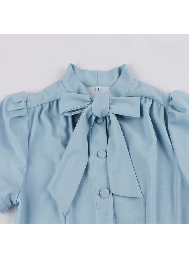 IKADEX Vintage Women 1940s Bow Tie Neck Dress Retro 40s 50s Button Up Business Work A-line Cocktail Dresses Light Blue M - Image 3