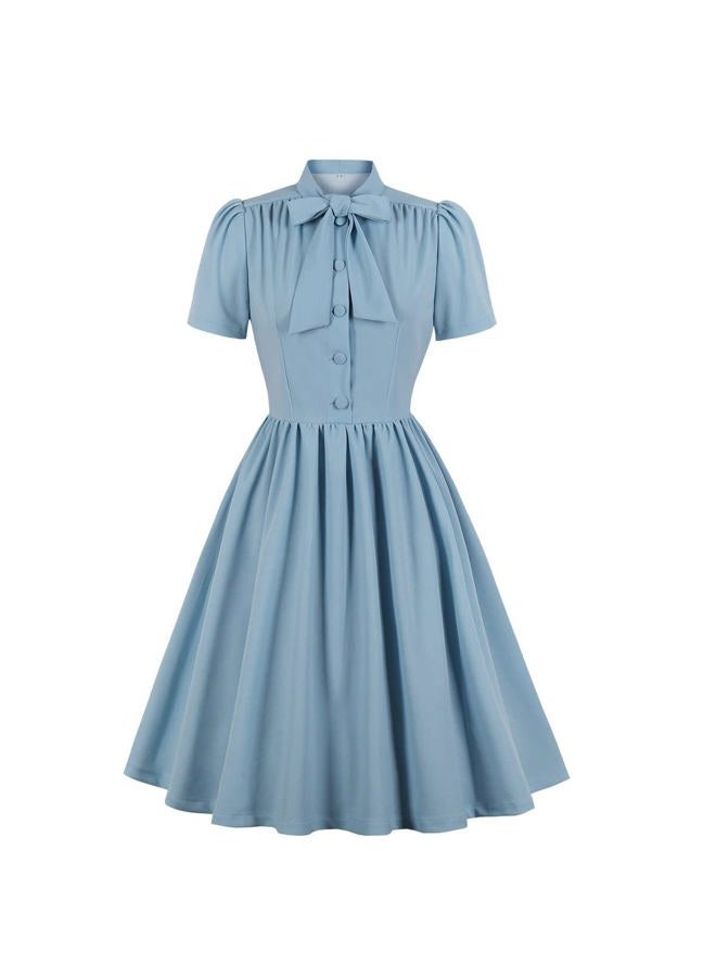 IKADEX Vintage Women 1940s Bow Tie Neck Dress Retro 40s 50s Button Up Business Work A-line Cocktail Dresses Light Blue M - Image 1