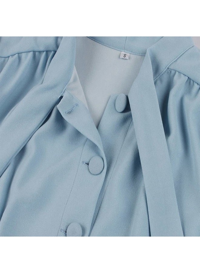 IKADEX Vintage Women 1940s Bow Tie Neck Dress Retro 40s 50s Button Up Business Work A-line Cocktail Dresses Light Blue M - Image 4