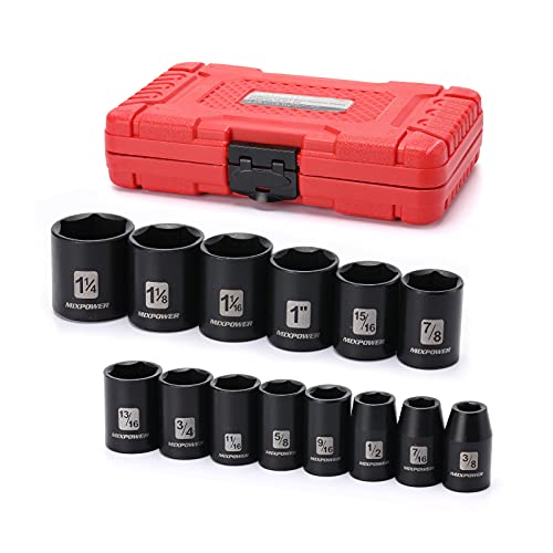 MIXPOWER 14 Pieces 1/2-Inch Drive Shallow Impact Socket Set, 3/8-Inch to 1-1/4 Inch, CR-V, SAE, 6 Point, Shallow, 14 Pieces 1/2" Dr. Shallow Socket - Image 2