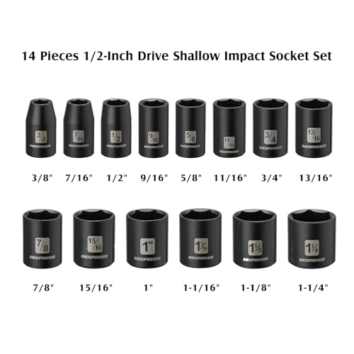 MIXPOWER 14 Pieces 1/2-Inch Drive Shallow Impact Socket Set, 3/8-Inch to 1-1/4 Inch, CR-V, SAE, 6 Point, Shallow, 14 Pieces 1/2" Dr. Shallow Socket - Image 3