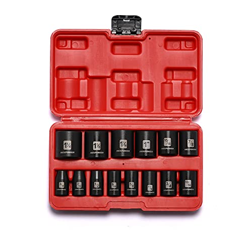 MIXPOWER 14 Pieces 1/2-Inch Drive Shallow Impact Socket Set, 3/8-Inch to 1-1/4 Inch, CR-V, SAE, 6 Point, Shallow, 14 Pieces 1/2" Dr. Shallow Socket - Image 1