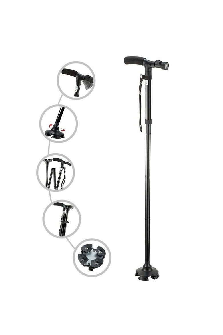 عكاز قابل للطي بخمس أجزاء – ارتفاع قابل للتعديل، ضوء LED، قاعدة دوارة – ألومنيوم خفيف لدعم المسنين - Image 2