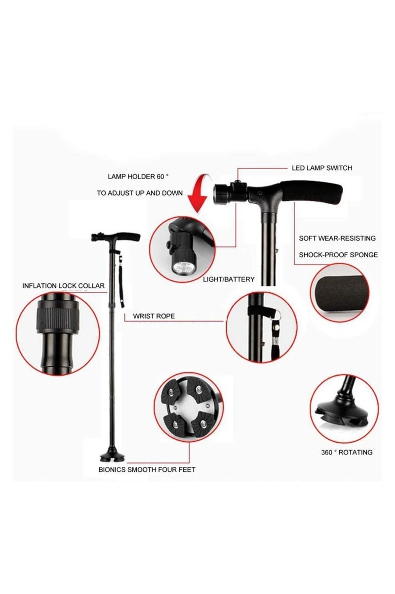 عكاز قابل للطي بخمس أجزاء – ارتفاع قابل للتعديل، ضوء LED، قاعدة دوارة – ألومنيوم خفيف لدعم المسنين - Image 4